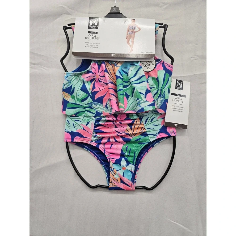 Members Mark Girls 2-Piece Bikini Set Tropical Floral Blue‎ Pink 3T DSAY251076